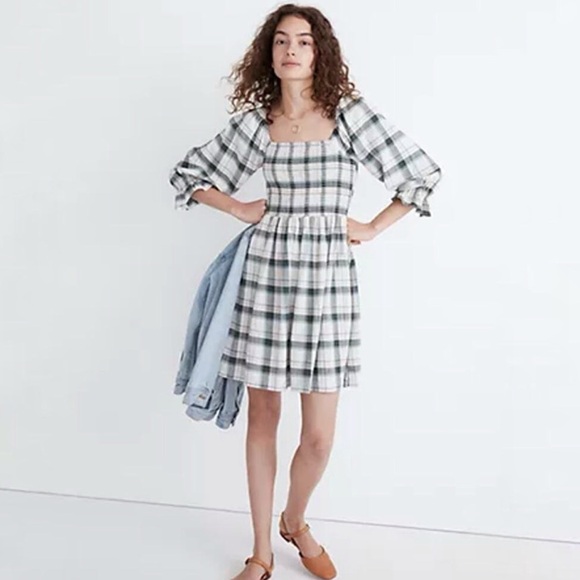Madewell Lucie elbow-sleeve smocked mini dress in plaid NWT size medium - Picture 1 of 13